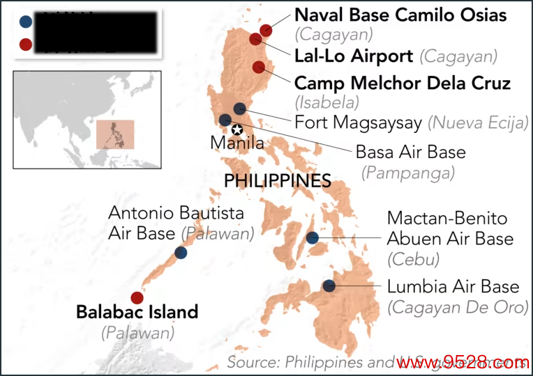 菲律宾原好意思军基地与新设好意思军基地对比图（图源：《日经亚洲》）